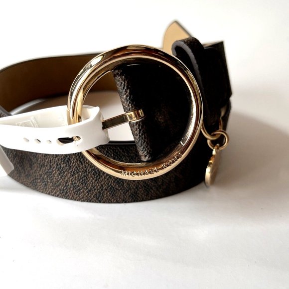 NWT Original MICHAEL KORS Signature Belt with Charm Logo Brand Buckle Brown Gold - Picture 3 of 6
